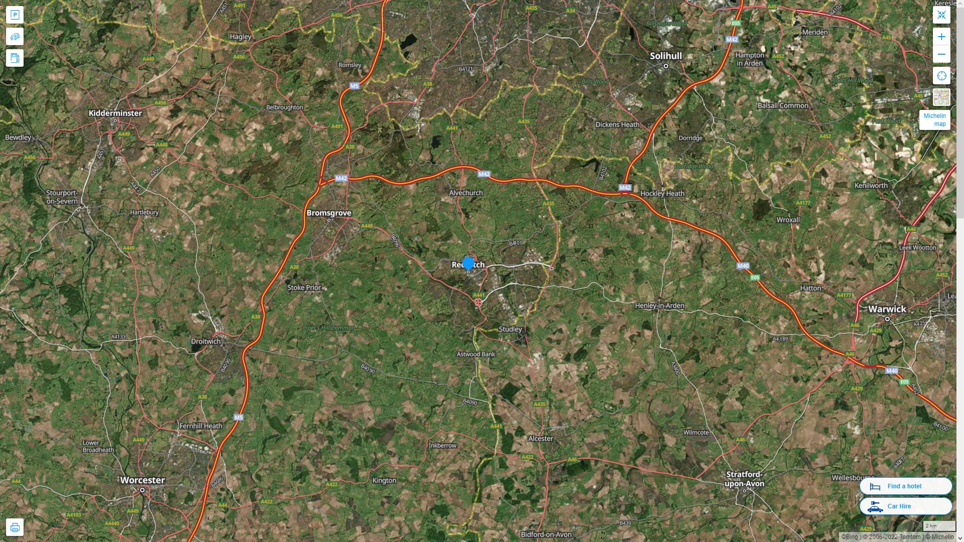 Redditch Royaume Uni Autoroute et carte routiere avec vue satellite